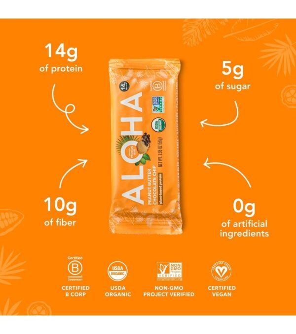 ALOHA Organic Plant Based Protein Bars |Peanut Butter Chocolate Chip | 12 Count, 1.98oz Bars | Vegan, Low Sugar, Gluten Free, Paleo, Low Carb, Non-GMO, Stevia Free, Soy Free, No Sugar Alcohols