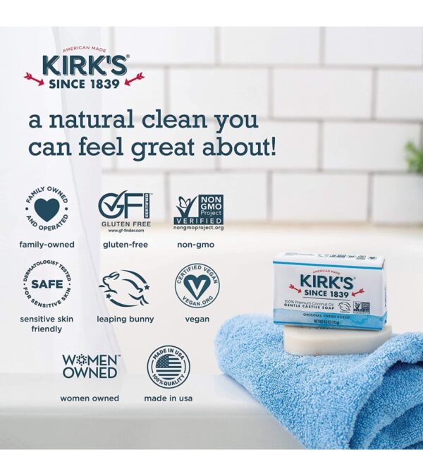 Kirk's Castile Bar Soap Clean Soap for Men, Women & Children| Premium Coconut Oil | Sensitive Skin Formula, Vegan | Original Fresh Scent | 4 oz. Bars – 12 Pack