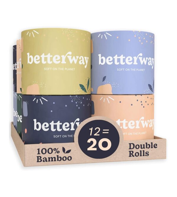 Betterway Bamboo Toilet Paper 3 PLY – Eco Friendly, Sustainable Toilet Tissue – 12 Double Rolls & 360 Sheets Per Roll – Septic Safe – Organic, Plastic Free, Compostable & Biodegradable – FSC Certified