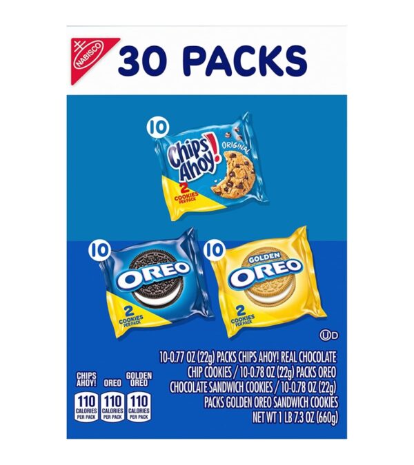 Nabisco Sweet Treats Cookie Variety Pack OREO, OREO Golden & CHIPS AHOY, 30 Snack Packs (2 Cookies Per Pack)