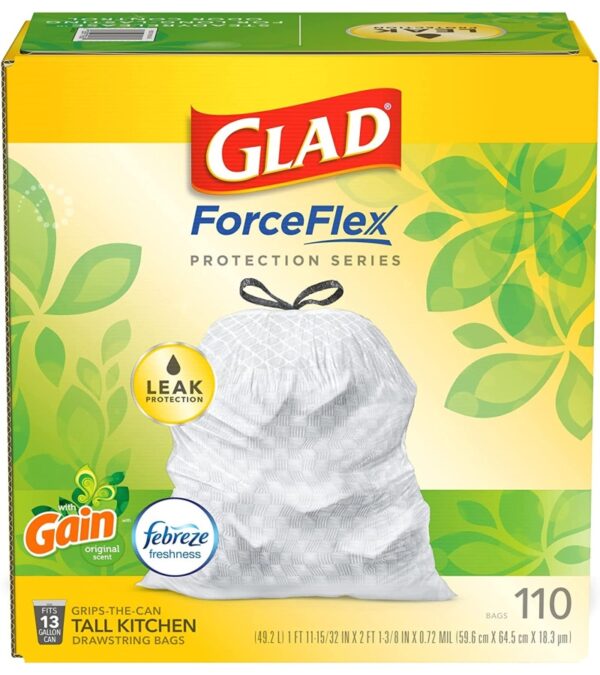 GLAD ForceFlex Tall Kitchen Drawstring Trash Bags, 13 Gallon White Trash Bag for Kitchen Trash Can, Gain Original Scent, Odor Shield, Odor Eliminator, Leak Protection, 110 Count