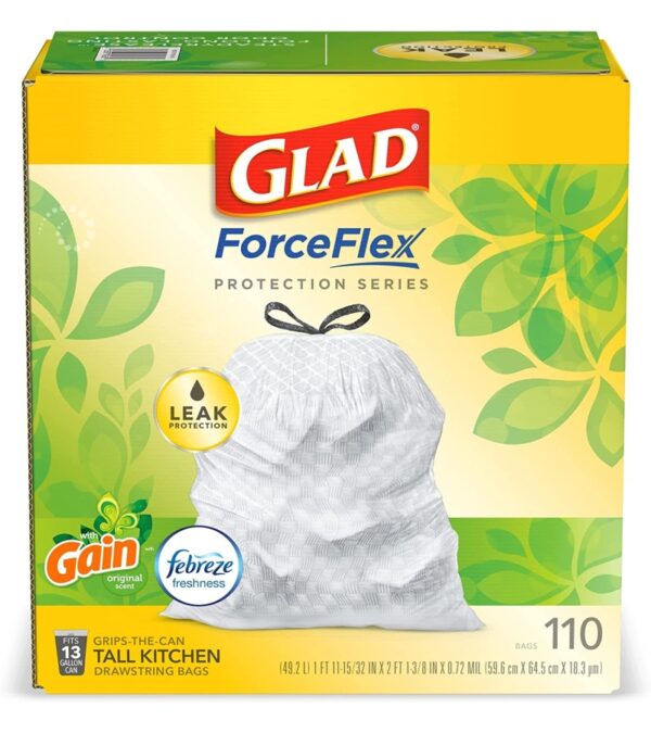 GLAD ForceFlex Tall Kitchen Drawstring Trash Bags, 13 Gallon White Trash Bag for Kitchen Trash Can, Gain Original Scent, Odor Shield, Odor Eliminator, Leak Protection, 110 Count