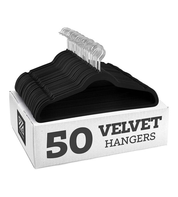 Zober Velvet Hangers 50 Pack – Black Hangers for Coats, Pants & Dress Clothes – Non Slip Clothes Hanger Set w/ 360 Degree Swivel, Holds up to 10 lbs – Strong Felt Hangers for Clothing