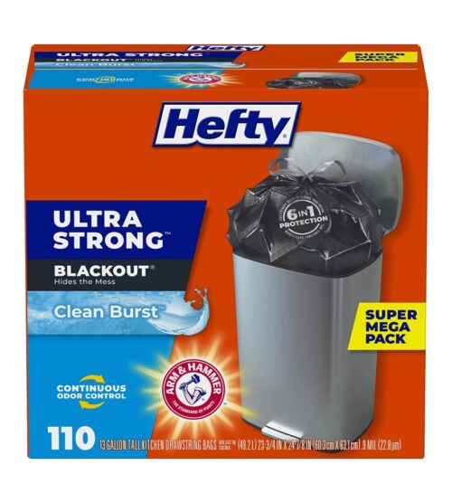 Hefty Ultra Strong Tall Kitchen Trash Bags, Blackout, Clean Burst, 13 Gallon, 110 Count
