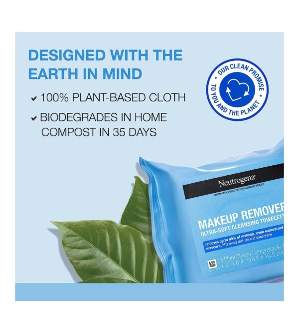 Neutrogena Cleansing Fragrance Free Makeup Remover Face Wipes, Cleansing Facial Towelettes for Waterproof Makeup, Alcohol-Free, Unscented, 100% Plant-Based Fibers, Twin Pack, 2 x 25 ct