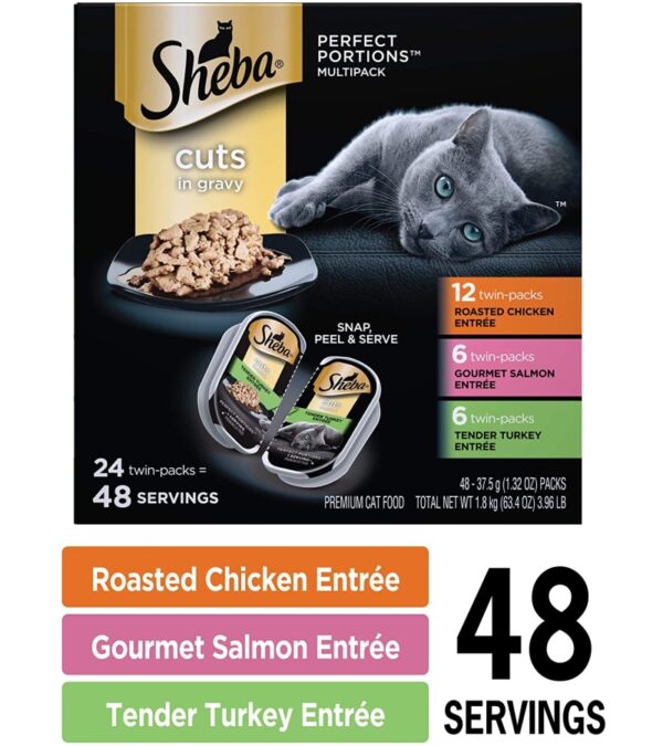 img-c8a18164a2ea45472680bd5ef3f3aaec SHEBA PERFECT PORTIONS Cuts in Gravy Wet Cat Food Trays (24 Count, 48 Servings), Roasted Chicken, Gourmet Salmon and Tender Turkey Entrée, Easy Peel Twin-Pack Trays