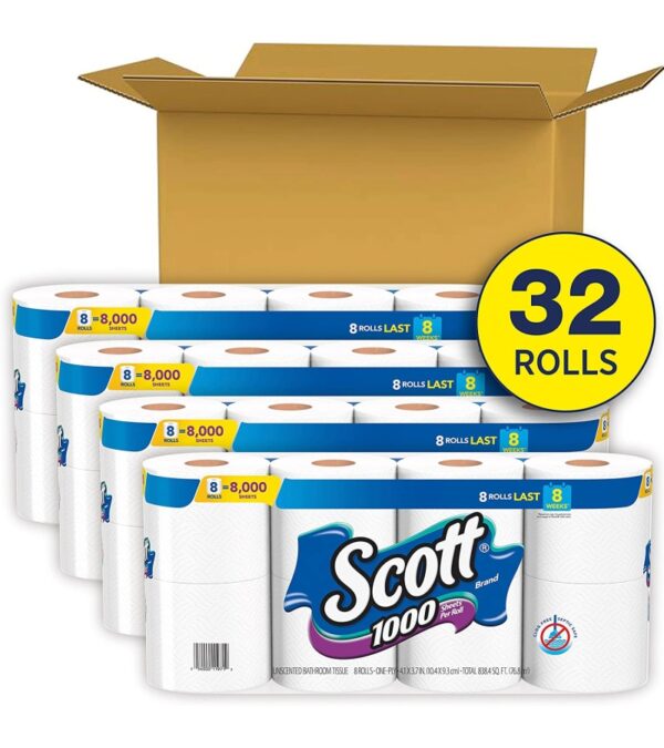 Scott 1000 Toilet Paper, 32 Regular Rolls, Septic-Safe, 1-Ply Toilet Tissue