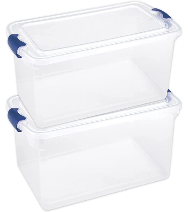 HOMZ Heavy Duty Modular Stackable Storage Tote Containers with Latching Lids, 66 Quart Capacity, Clear, 2 Pack