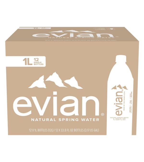 evian Natural Spring Water, Naturally Filtered Spring Water in Large Bottles, 33.81 Fl Oz (Pack of 12)