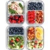 2 & 3 Compartment Glass Meal Prep Containers (4 Pack, 32 oz) – Glass Food Storage Containers with Lids, Glass Lunch Box, Glass Bento Box Lunch Containers, Portion Control, Airtight