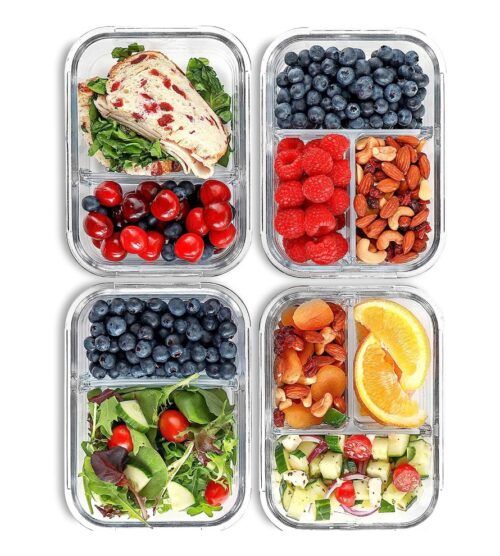 2 & 3 Compartment Glass Meal Prep Containers (4 Pack, 32 oz) – Glass Food Storage Containers with Lids, Glass Lunch Box, Glass Bento Box Lunch Containers, Portion Control, Airtight