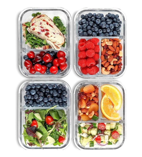 2 & 3 Compartment Glass Meal Prep Containers (4 Pack, 32 oz) – Glass Food Storage Containers with Lids, Glass Lunch Box, Glass Bento Box Lunch Containers, Portion Control, Airtight