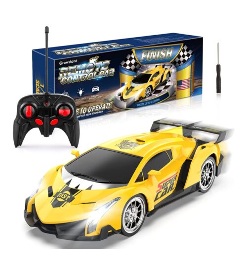 Growsland Remote Control Car, RC Cars Xmas Gifts for Kids 1/18 Electric Sport Racing Hobby Toy Car Yellow Model Vehicle with Lights and Controller Kids Toys Gifts for 4 5 6 7 8-12 Year Old Boys Girls