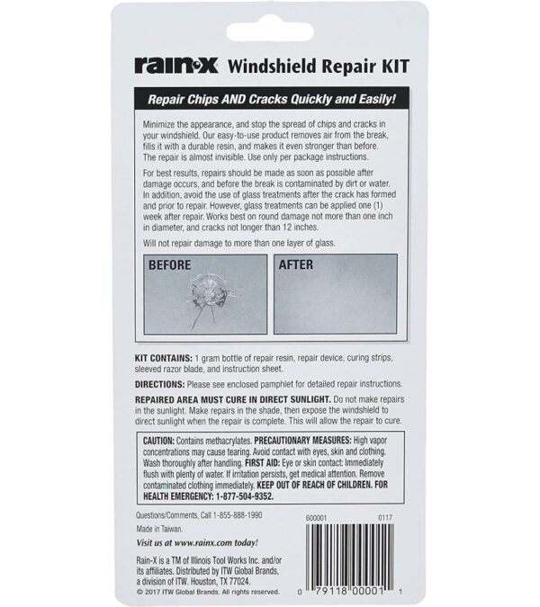 Rain-X 600001 Windshield Repair Kit ??Quick And Easy Durable Resin Based Windshield Repair Kit for Chips and Cracks, Good For Round Damage Below 1??In Diameter And Cracks Smaller Than 12??In Length