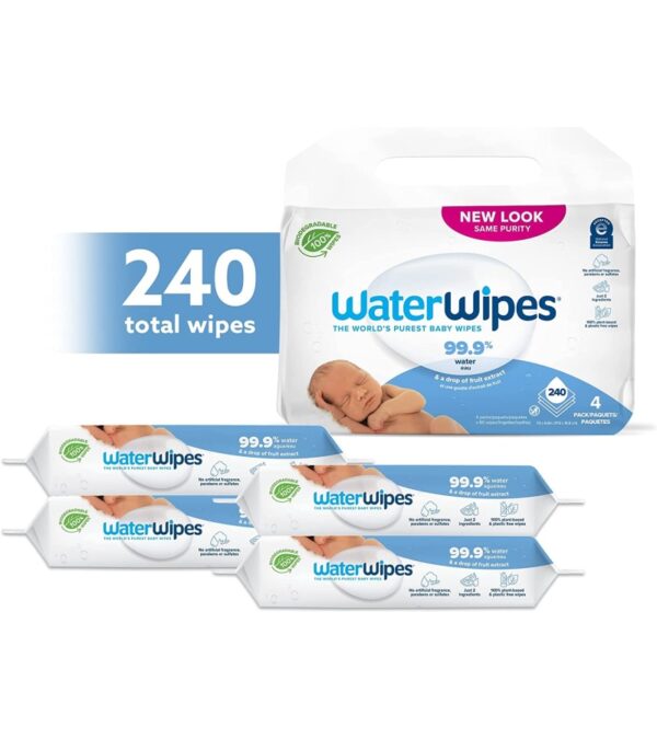 WaterWipes Plastic-Free Original Baby Wipes, 99.9% Water Based Wipes, Unscented & Hypoallergenic for Sensitive Skin, 540 Count (9 packs), Packaging May Vary