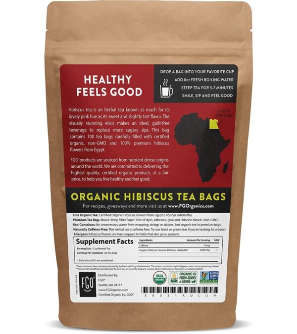 Organic Hibiscus Tea Bags | 100 Tea Bags | Eco-Conscious Tea Bags in Kraft Bag | Raw from Egypt | by FGO