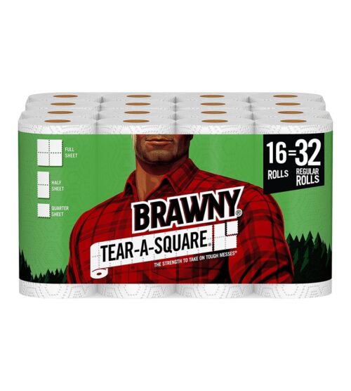 Brawny Tear-A-Square Paper Towels, 16 Double Rolls = 32 Regular Rolls, 3 Sheet Size Options, Quarter Size Sheets