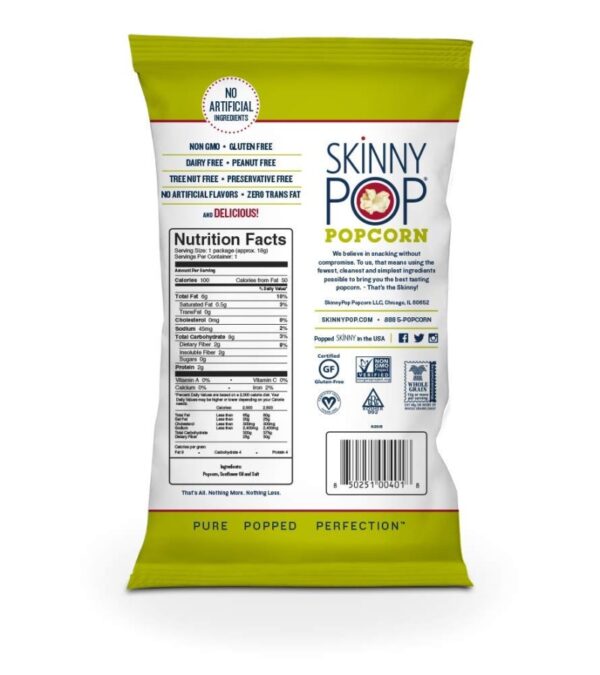 SkinnyPop Original Popcorn, Individual Snack Size Bags, Skinny Pop, Healthy Popcorn Snacks, Gluten Free, 0.65 Ounce (Pack of 30)