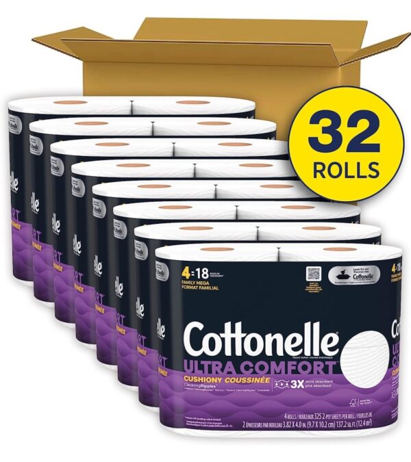 Cottonelle Ultra Comfort Toilet Paper with Cushiony CleaningRipples Texture, Strong Bath Tissue, 32 Family Mega Rolls (32 Family Mega Rolls = 144 Regular Rolls) (8 Packs of 4), 325 Sheets per Roll