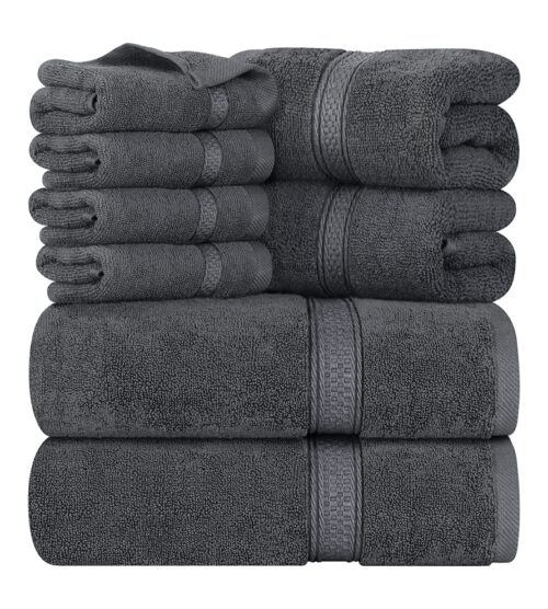 Utopia Towels 8-Piece Premium Towel Set, 2 Bath Towels, 2 Hand Towels, and 4 Wash Cloths, 600 GSM 100% Ring Spun Cotton Highly Absorbent Towels for Bathroom, Gym, Hotel, and Spa (Grey)