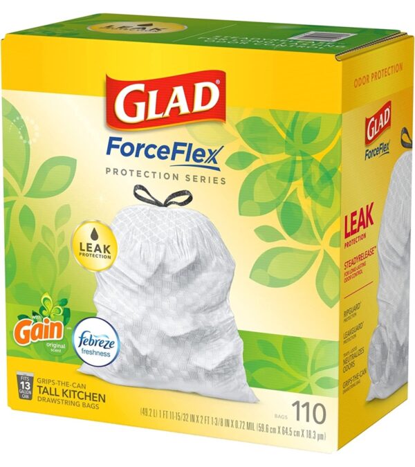 GLAD ForceFlex Tall Kitchen Drawstring Trash Bags, 13 Gallon White Trash Bag for Kitchen Trash Can, Gain Original Scent, Odor Shield, Odor Eliminator, Leak Protection, 110 Count