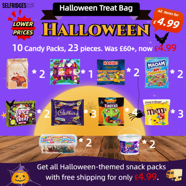 Halloween Snack Pack! 10 Candy Packs, 23 pieces. Was £60+, now £4.99. Great deal. Free shipping. Indulge in spooky treats!